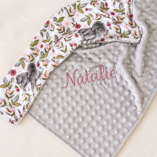 Personalized Elephant Baby Blanket – Custom Floral Minky Blanket for Girls